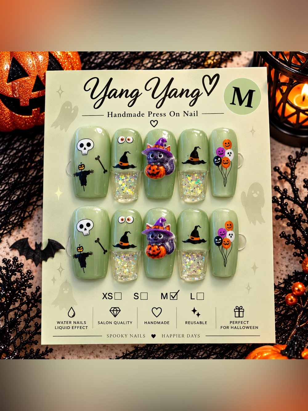 💚🎃 Sage Green Halloween Water Effect Press-On Nails – Size Medium